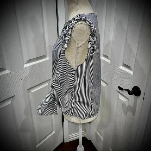 Signature Studio railroad striped, embroidered, sleeveless shirt with waist tie - Picture 3 of 9